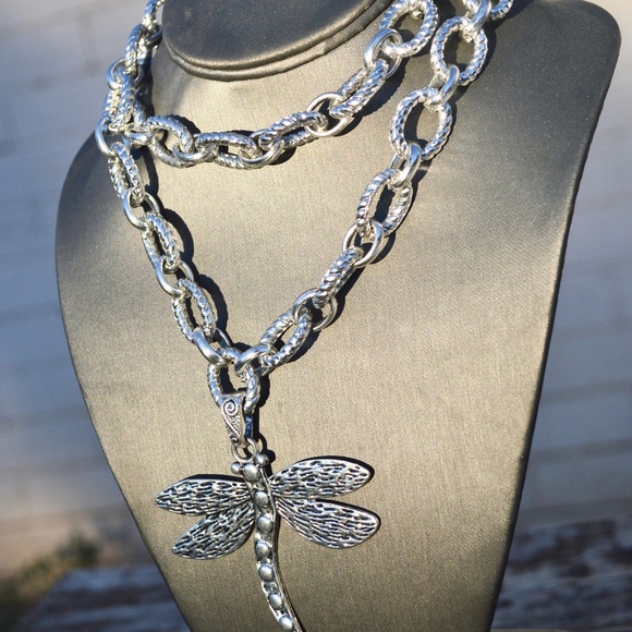 Silver DragonFly Huge Pendant Statement Necklace - Picture 5 of 7